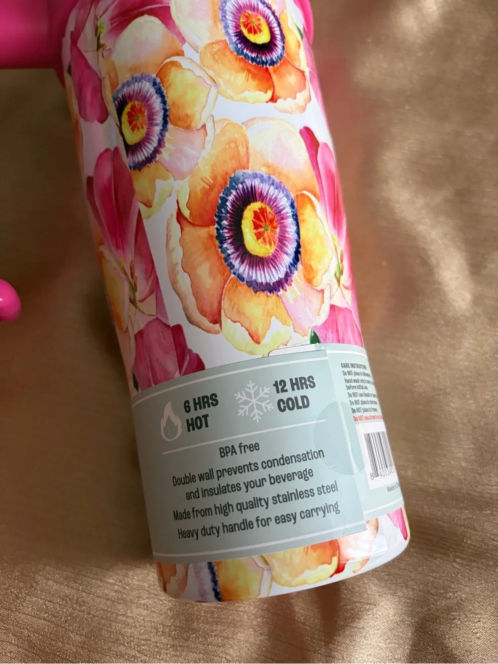 Floral Pink Stainless Steel Tumbler with Handle and Straw
